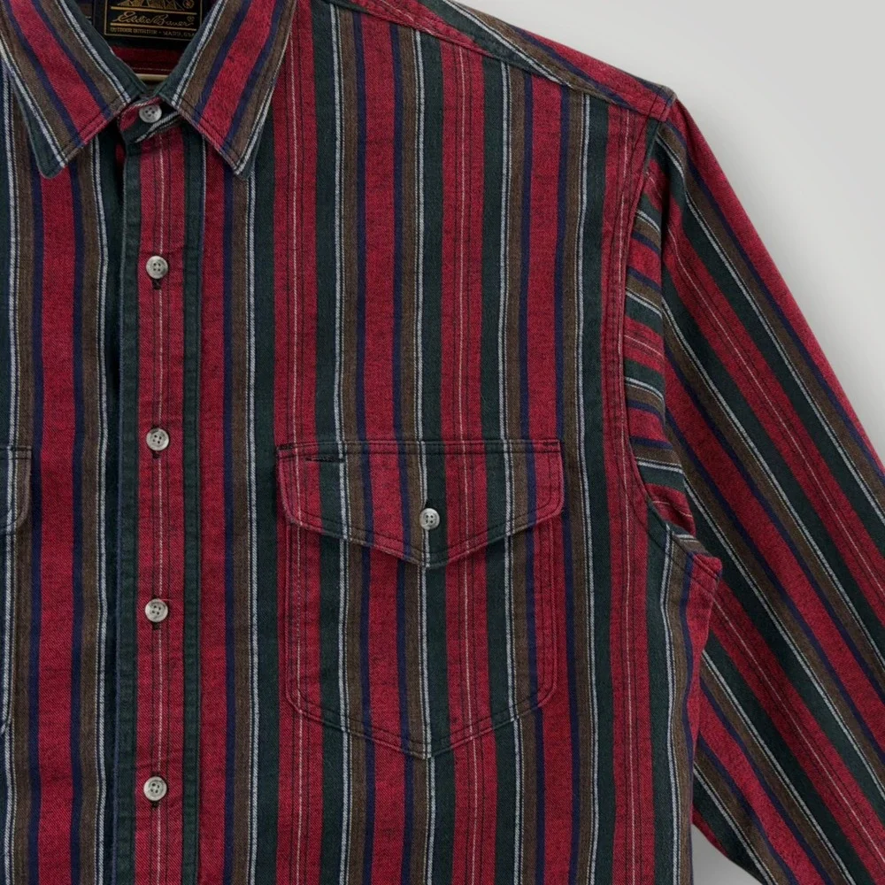 Vintage Eddie Bauer McKinley Cloth Striped Flannel Shirt Mens Large USA Red